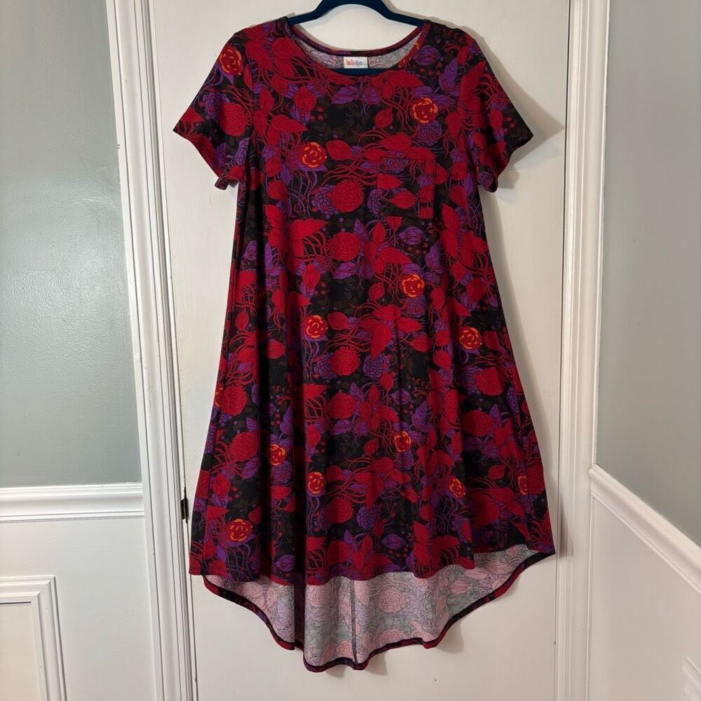 LuLaRoe S Carly Swing Dress red, purple, orange print one breast pocket